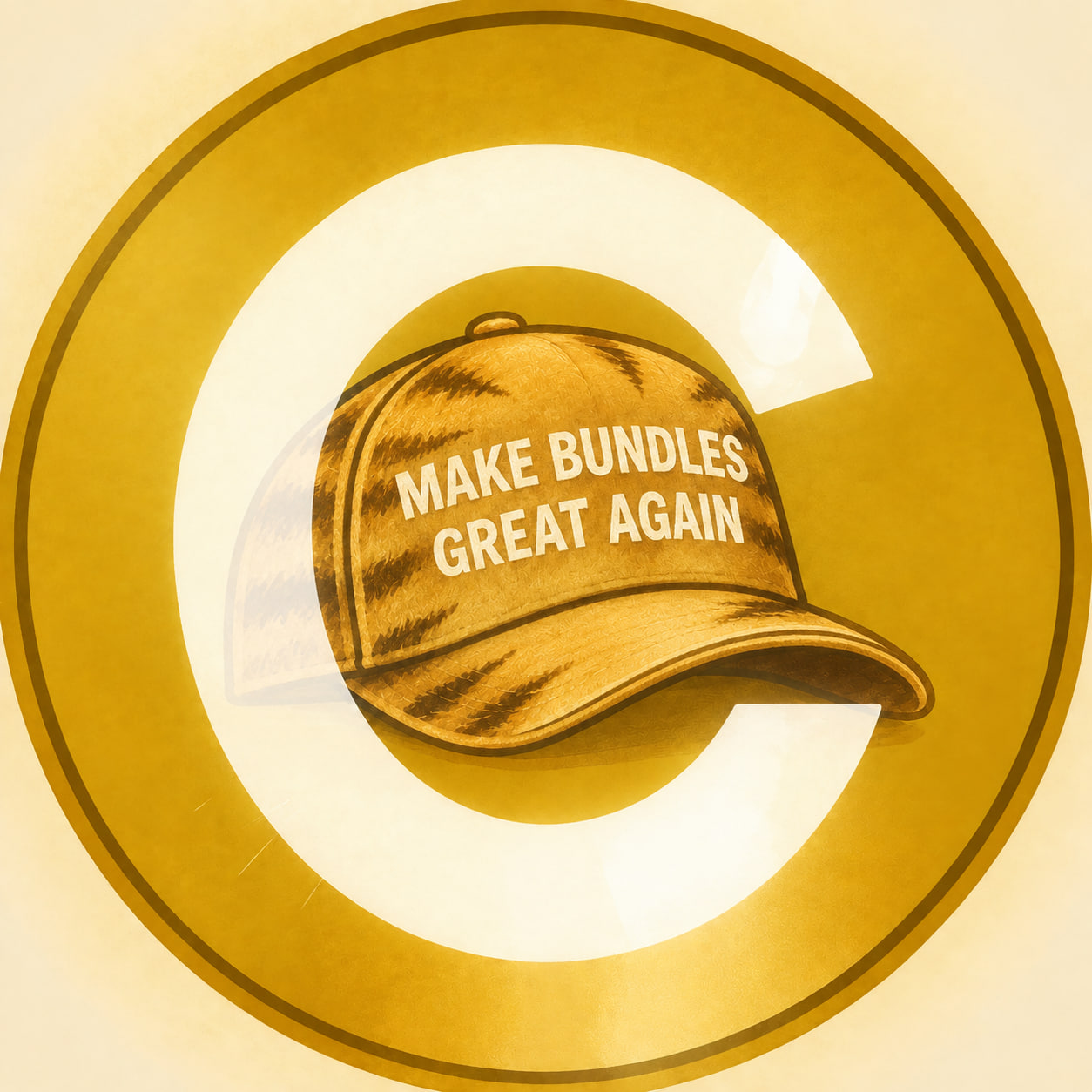 Cupcoin: a textured golden cap bearing Make Bundles Great Again, inside a luminous C coin